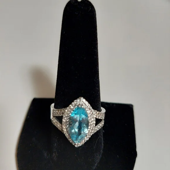 Vintage Sky Blue Topaz and White Zircon Sterling Silver Ring Size 10 - Picture 9 of 16